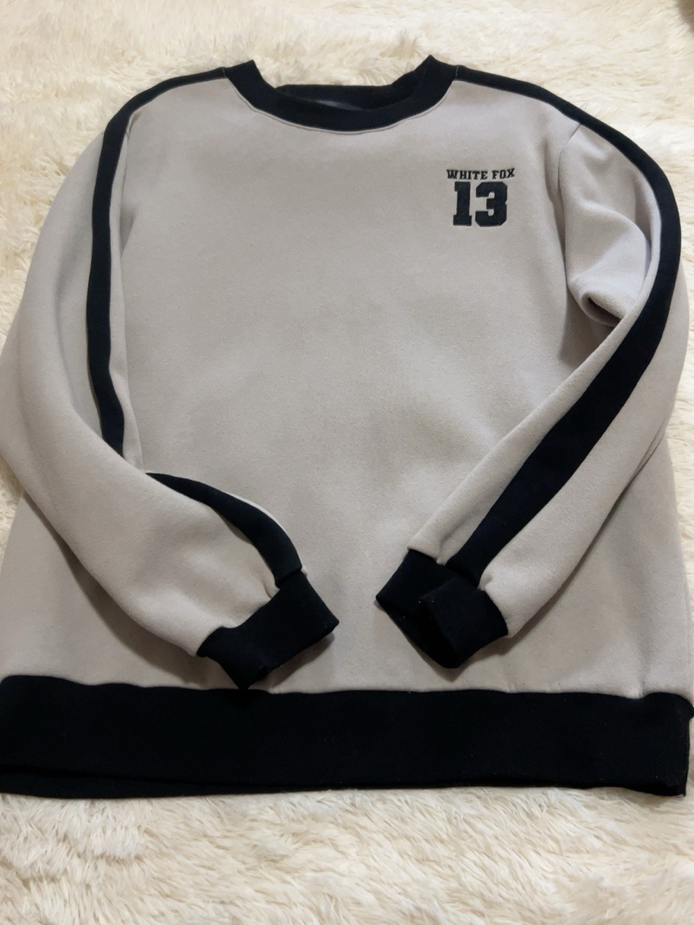 White Fox Boutique Beige Crewneck Sweatshirt with Black Trim
